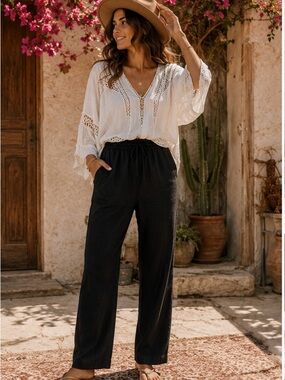 NWOT Sigrid Olsen 100% Linen Black Drawstring Wide-Leg Pull on Pants Size S